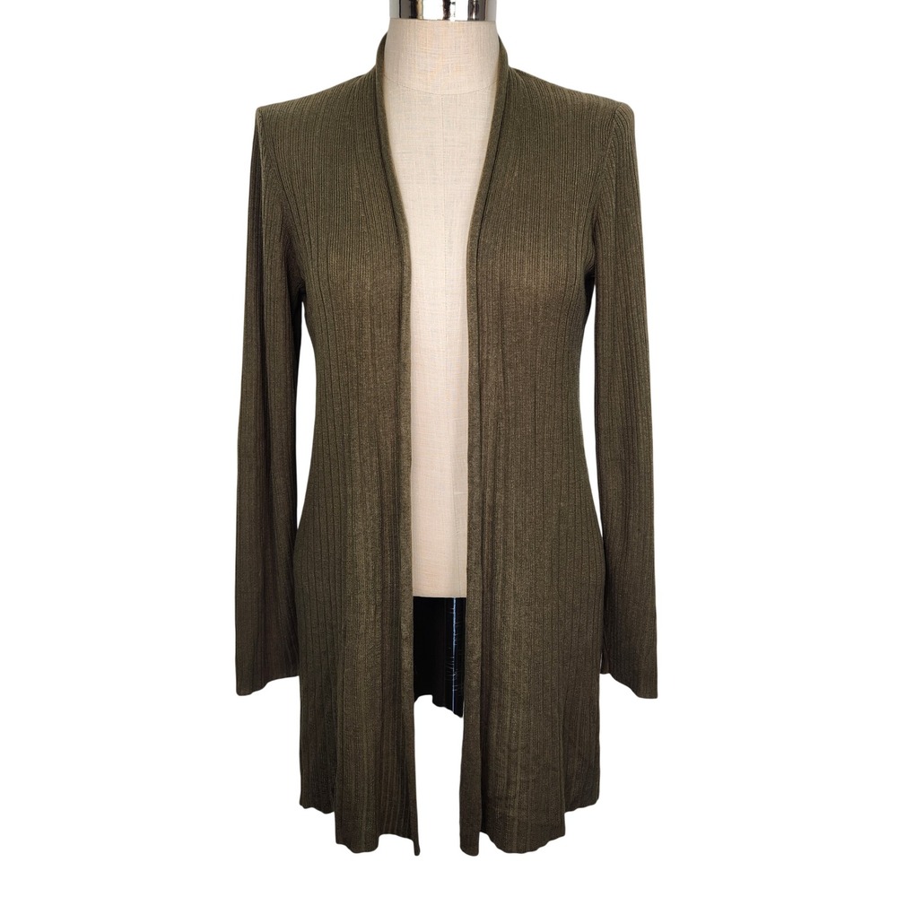 EILEEN FISHER‎ Ribbed Knit Long Cardigan Olive Green Merino Wool Blend M Luxury